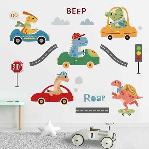 Yovkky Dinosaur Car Beep Wall Decals Stickers, Dino Roar Vehicle Transportation Toddlers Baby Nursery Decor, Traffic Sign Home Decorations Boys Kids Bedroom Playroom Art