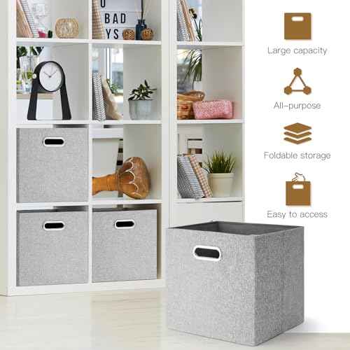 Cube Storage Bins,11 Inch Collapsible Storage Box Linen Fabric Bins with Double Handles, Storage Basket for Home, Closet, Shelves, Clothes Toy, Nursery, Decorative, 11x11, Grey, Set of 4