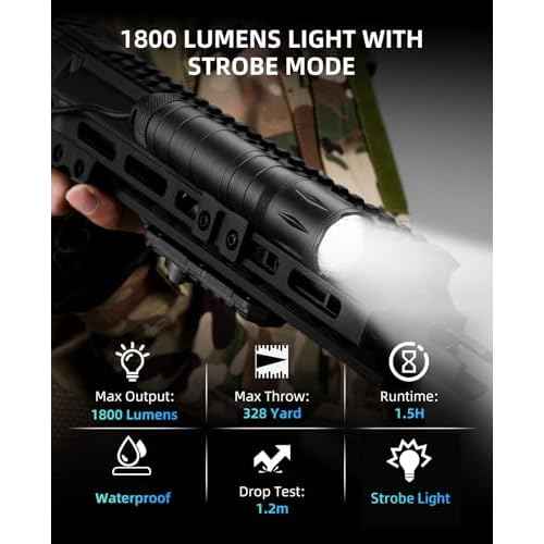 EZshoot 1800 Lumens Tactical Rifle Flashlight with Pressure Switch, Tactical Flashlight for Rifle Compatible with M-Rail, Rifle Flashlight with Strobe Mode for Home Defense, Hunting