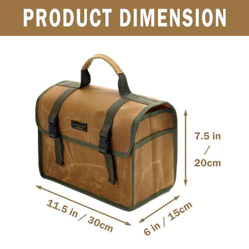 Tool Bag, Heavy Duty 16oz Waxed Canvas Tool Carrier, Multi-Purpose Tote Bag with 1 Large Capacity & 2 Side Pockets, Portable Tool Storage for Wrenches Chisels Scissors Hammer - Khaki