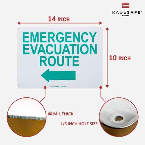 TRADESAFE Emergency Evacuation Route Sign - Evacuation Plan Sign With Arrow Left, Quick Install Aluminum Safety Sign, Light Reflective, UV-Resistant, Waterproof, 14¡± X 10¡± Signs for Business