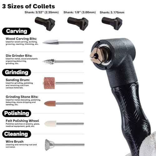 90 Degree Flex Shaft Rotary Tool Handpiece, 41pcs Right Angle Flexiable Shaft Handle Attachment Set Compatible with Flex Shaft Grinder, Bench Polisher, Electric Drill