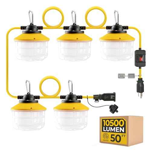 Outdoor Construction LED String Lights with Switch: 3 Prong 50FT 75w 10500lm ETL Certified Super Bright Temporary Lighting Hanging IP65 Waterproof Work Light for Attic Jobsite Garage