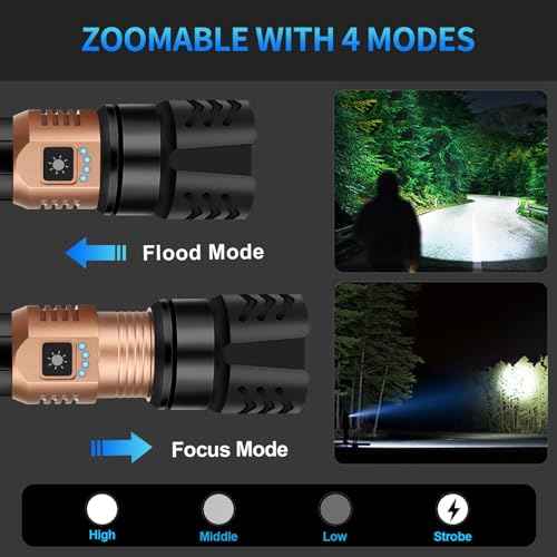 Rechargeable Flashlight High Lumens - 10000LM Powerful Tactical Flashlights with 4 Modes Zoomable LED Flashlight Waterproof Brightest Flash Light for Emergencies Camping Hiking Outdoor C2