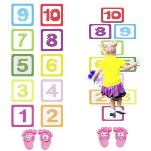 10Pcs Hopscotch Game Floor Stickers, Number Floor Decals with 1 Pair Footprint Stickers Puzzle Games Wall Sensory Path Decals for Classroom Bedroom Living Room Ground Corridor Nursery Decor