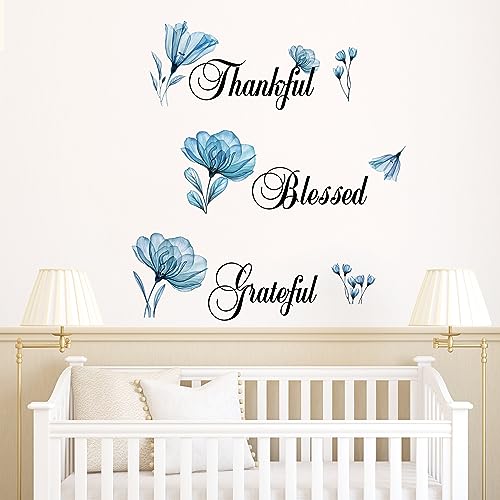 ADECALS Thankful Grateful Blessed Motivational Wall Sticker Blue Flower Butterfly Peel and Stick Wall Art Decor Home Famiy Inspirational Stickers Decor Quotes