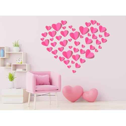 60 Pcs Valentines-Day-Wall-Decorations, 3D Heart Valentine Wall Stickers, Waterproof Wall Decals, for Wedding Anniversary Party Bedroom Home Office School Decor, 4 Different Sizes Pink