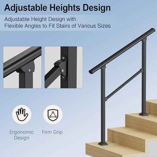 Outdoor Handrails for 1-2 Steps, Stair Railing Kit for Concrete & Porch Steps, Adjustable Black Iron Hand Rail for Seniors, Easy Installation, Retro Arch Design