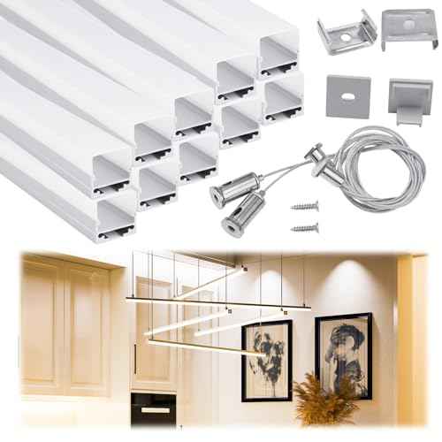 Muzata 10Pack 3.3FT/1M Spotless LED Channel with Hanging Wire No Hot Spots Silver Aluminum LED Strip Diffuser Channel with Milky White Cover U116 WW 1M