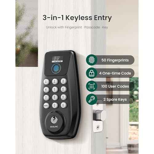 DESLOC C110 Keyless Entry Door Lock with Fingerprint - Smart Deadbolt Lock for Front Door with 2 Keys - Auto Lock - Easy Installation, 100 PIN Codes, IP54 Waterproof, BHMA Grade 3, Black