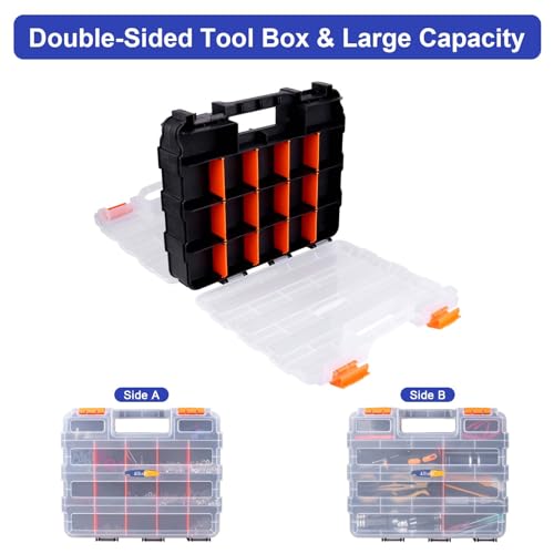 Small Parts Organizer Double Sided Parts Organizer with Removable Dividers 34-Compartments Storage Bins for Hardware, Screws, Nuts, Bolts, Washers, Nails, Fasteners, Tools