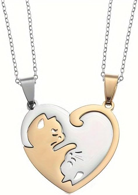 2pcs Cute Cat Pendant Stainless Steel Necklace Splicing Women'S Fashion Couple Friend Jewelry Gift
