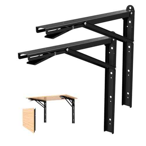 LSK 24 Inch Folding Shelf Brackets, Heavy Duty Collapsible Shelf Bracket Max Load 550LBS, Wall Mounted L Table Brackets for Garage Bench Table, Space Saving DIY Black Folding Bracket, Pack of 2