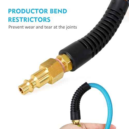 Air Compressor Hose 1/4 Inch x 100 Feet Reinforced Polyurethane (PU) Air Hose with Fittings, Bend Restrictors, 1/4" Industrial Quick Coupler and Plug Kit, Blue