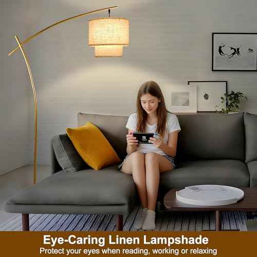 Lightdot Arc Floor Lamp for Living Room, Modern Standing Tall Lamps with Double Linen Lampshade, Tall Hanging Pole Lamp with Stable Metal Base & Foot Switch for Bedroom Home Office-Gold