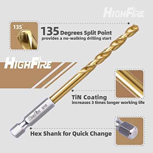 HIGHFIRE 10 Pieces Hex Shank Drill Bit Set for Impact Driver, 3/8¡° HSS Twist Titanium Drill Bits for Metal, Hex Drive Quick Change Drill Bits Set