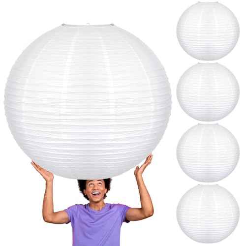 5 Pcs 30 Inch White Paper Lanterns White Chinese Moon Paper Round Lamp Japanese Hanging Lantern for Wedding Bridal Shower Decoration Anniversary Birthday Party Supplies