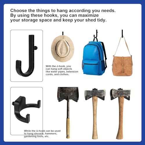 21 Pcs Storage Shed Tool Hooks, Craftsman Shed Shelves Accessories for Hanging Organization J/U-Shape ABS Hanger with Replacement Screws for Wrench Shovels Rakes (Black)