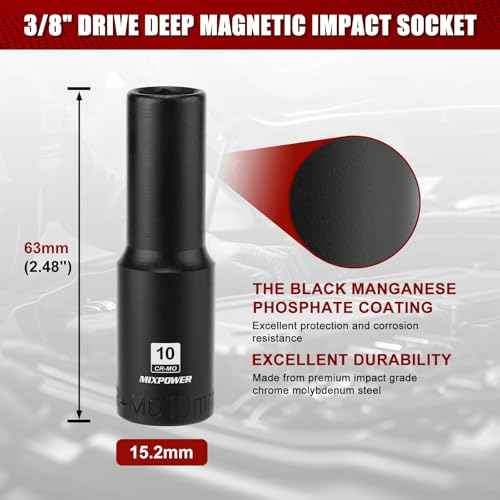 MIXPOWER 3/8" Drive Deep Magnetic Impact Socket, 6 Point, 10mm, Metric, CR-MO