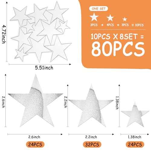 80 Pcs Silver Stars Acrylic Mirror Wall Stickers with Adhesive Art Decal Satin Paper Baby Kids Bedroom Home DIY Decor Removable Stickers