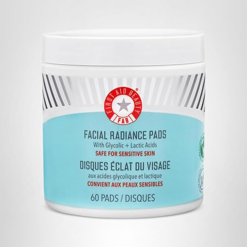 First Aid Beauty - Facial Radiance Pads with Glycolic & Lactic Acids, Daily Exfoliating Pads with AHA, Visibly Smaller Pores, Help Tone & Brighten Skin, One-Step Makeup Prep, Compostable, 60
