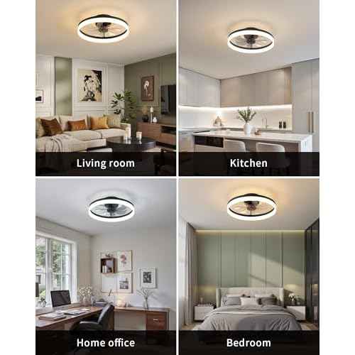 PUSU 15.8" Low Profile LED Ceiling Fans with Light, Reversible Flush Mount with Remote and 6 Winds Speeds Fan Lighting, 3 Colors Dimmable for Bedroom, Garage, Kids, Dinning Room, Kitchen (Black)