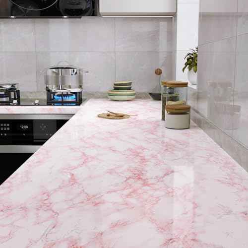 LACHEERY Marble Contact Paper Pink White Marble Peel and Stick Countertop Contact Paper for Countertops Waterproof White and Pink Wallpaper for Walls Bathroom Kitchen Counter Top Cabinet 15.8"x80"