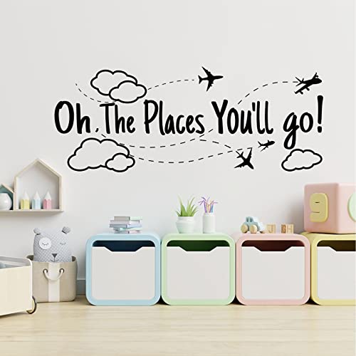 SUPERDANT Black PVC Travel Wall Stickers Oh The Places You Will Go Vinyl Wall Decor Inspirational Motivational Quotes Decals for Home Bedroom Office Decoration School Dormitory Decor 30x11.4in