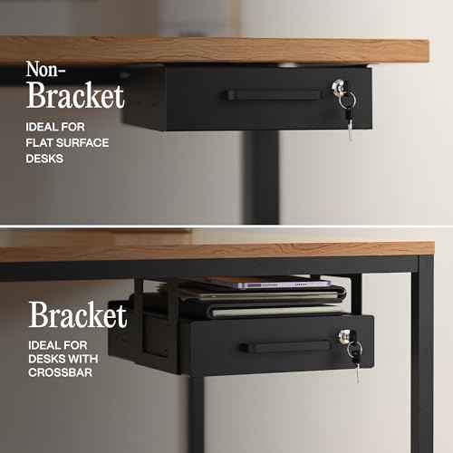 Under Desk Drawer Slide-Out ? Lockable Metal Storage Drawer with Cable Management for Office & Home (Single, Bracketed)