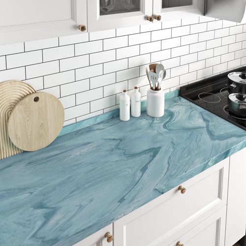 FunStick Thick Blue Liquid Marble Contact Paper for Countertops Waterproof Blue Marble Wallpaper Peel and Stick Countertops for Kitchen Bathroom Removable Marble Wall Paper for Cabinets Desk 15.8"x80"