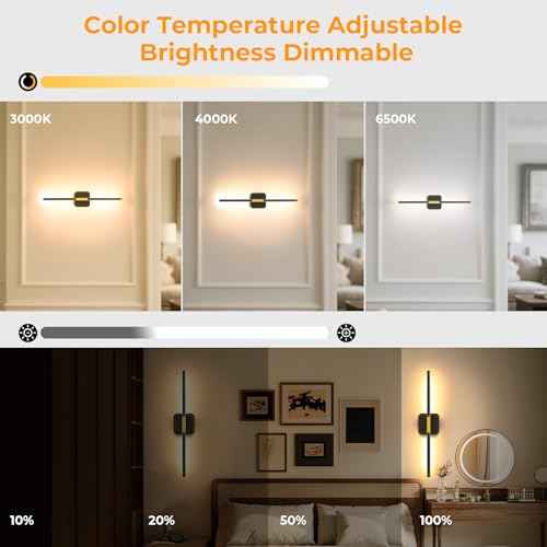 Battery Operated Wall Sconces Set of 2, Detachable 360¡ÆRotate Wall Lamps, 3000-6500K Dimmable with Remote Control, 10000mAh Rechargeable Wall Lights for Bedroom, Living Room, 28" Black Gold