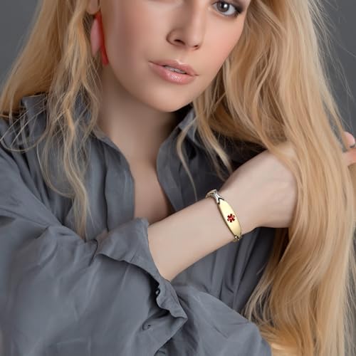 LinnaLove 7 1/2 inch Medical Alert Bracelets for women Stainless Steel Fashion Medical Bracelets Personalized Engraving