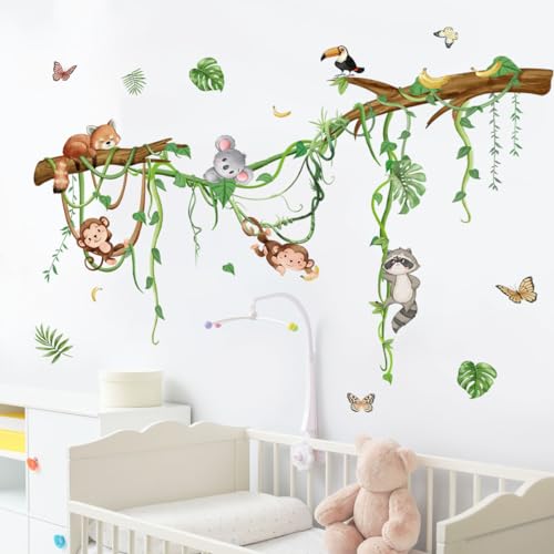 Runtoo Forest Animals Wall Decals Monkey Koala Tree Branch Wall Stickers Nursery Kids Room Classroom Wall Decor