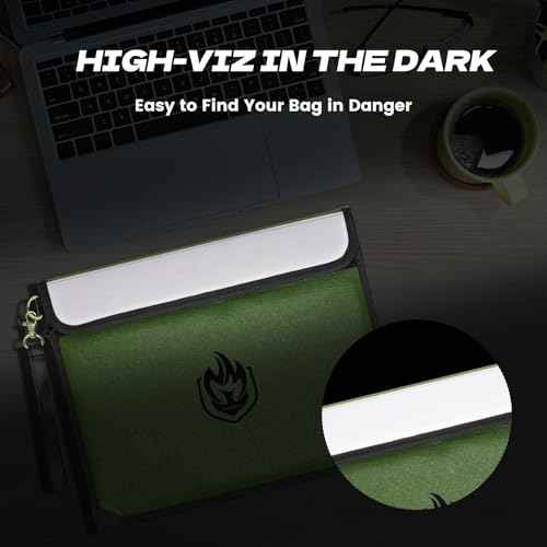 2 Pockets Fireproof Document Bag 6200¡ÆF, 10 Layers Waterproof Fireproof Money Bag for Cash with Reflective Strip, Heat Insulated Waterproof Document Holder Pouch, Fire Safe Storage (Green)