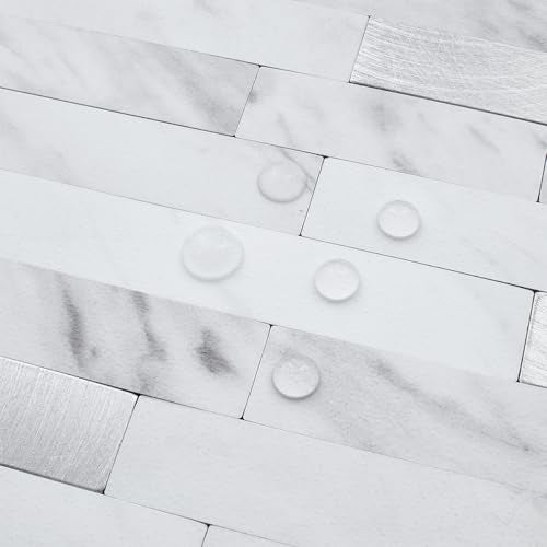 DICOFUN Peel and Stick Backsplash Tile, PVC Mixed Metal Stick on Backsplash Tiles for Kitchen and Bathroom (1, White Marble & Grey Texture)