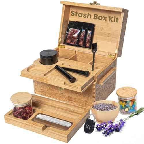 Stash Box Bamboo Storage Box with Combination Lock ? Wooden Organizer Box with Removable Tray, Glass Jars & Accessories, Decorative Lockable Bamboo Box with Lid,Home Kitchen Pantry Stashbox Wood Chest