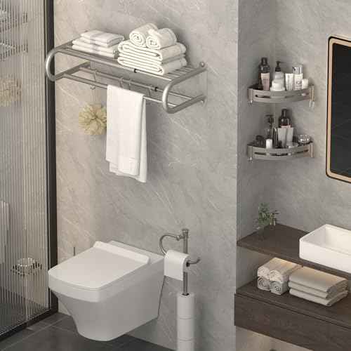 BESy Adjustable 15-25 Inch Towel Rack with Shelf for Bathroom and Lavatory Towel Shelf Double Towel Bar Rod 4 Hooks Wall Mount Multifunction Towel Holder Hotel Style Stainless Steel Brushed Nickel