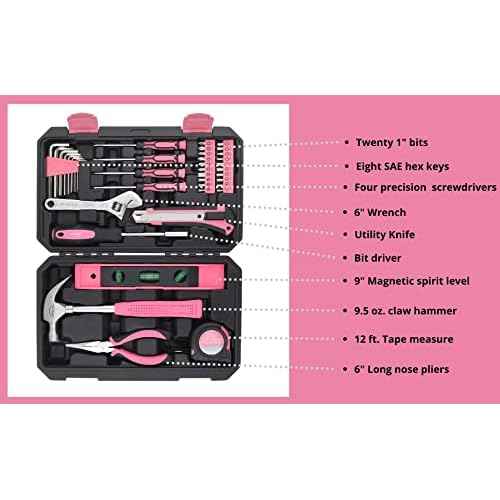 Apollo Tools 39 Piece General Household Tool Set in Toolbox Storage Case with Essential Hand Tools for Everyday Home Repairs, DIY and Crafts - Pink Ribbon - Pink - DT9711P