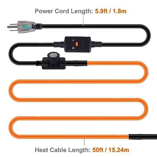 50FT Heat Tape for Water Pipes Freeze Protection IP65 Waterproof 7W/FT 110V BDDFOTO Heat Cable With GFCI Protection and Thermostat,Self-Regulating Pipe Heater for Roof/RV/Water Storage Tank