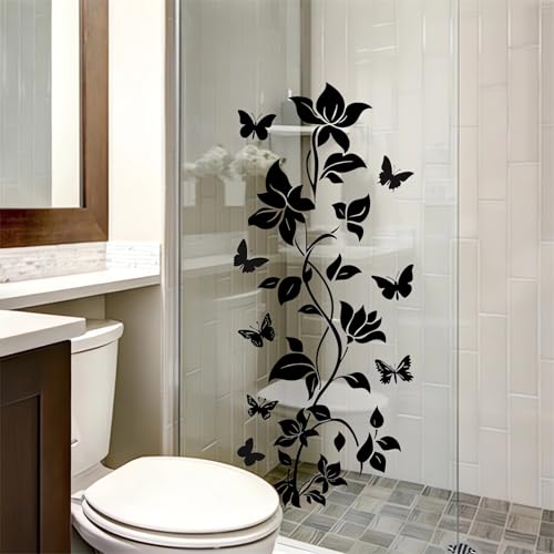 Black Vine Flower Butterfly Wall Stickers, sacinora Simplicity Floral Art Wall Decals Removable Vinyl Peel and Stick for Bathroom Living Room Bedroom Home Decorations