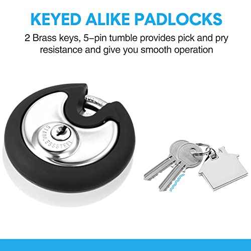 Chumia 4 Pack 70 mm Keyed Alike Padlocks Outdoor Round Stainless Steel Discus Pad Lock with Keys for Storage Unit, Sheds, Garages and Fence, Rubber Bumper Sheath (Black)