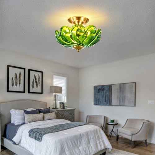 HuixuTe Modern Semi Flush Mount Ceiling Light, 3-Light Gold Close to Ceiling Light Fixture with Green Glass Shade for Living Room Entryway Bedroom