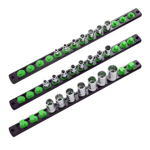 3-Piece Magnetic Socket Organizer, Heavy Duty Aluminum Socket Rails Organizer, 360¡Æ Swivel Clips Socket Holder Kit for Tool Box, 1/2, 3/8, 1/4-Inch Socket Holder x 40 Clips (Green)