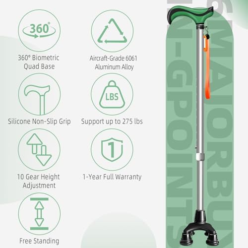 DEOMAi Quad Cane Self Standing Adjustable Walking Cane for Men Women Seniors with Comfort Grip Handle 360° Pivoting Cane for All-Terrain Lightweight & Durable