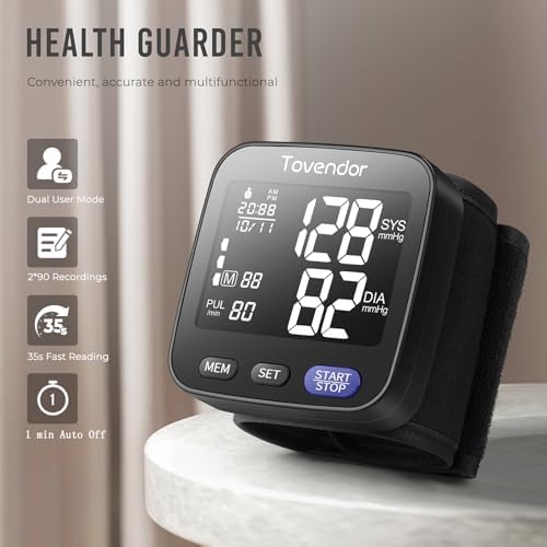 Wrist Blood Pressure Monitor, Tovendor Home Automatic Blood Pressure Cuff Wrist with Portable Carrying Case, 2 * 90 Reading Memory Dual Users Mode, 2 AAA Battery Included
