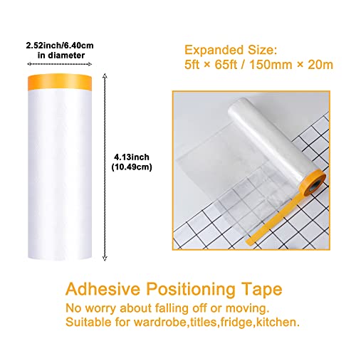 Muf 5 x 65 Feet Plastic Drop Cloth Plastic Sheeting with Masking Tape,Waterproof Protective Masking Film,Prevent Dust Paint for Car,Furniture,Carpet,Floor,1 Pack