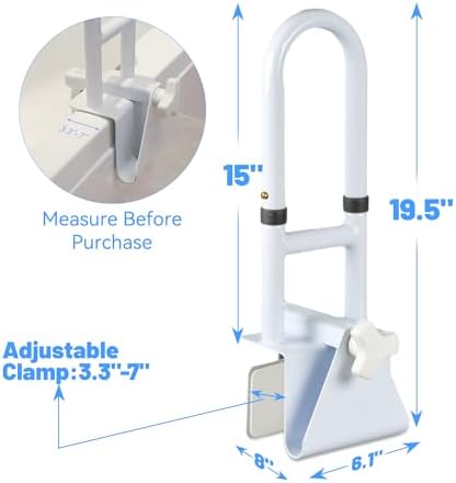 Bathtub Grab Bars for Seniors, Tub Handle Grab Bar for Elderly Bath Support, Bathtub Safety Rail, Assistance Bathtub Handle Clamp for Bathroom, 3.3"- 7" Width Adjustable, White