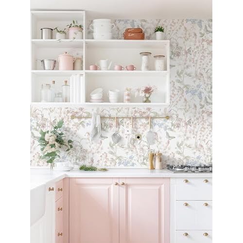Dimoon 78.7"x17.3" Floral Wallpaper Pink Peel and Stick Wallpaper White Boho Contact Paper Botanical Wildflower Morden Cottage Renter Friendly Bathroom Flower Kitchen Self Adhesive Vinyl Roll
