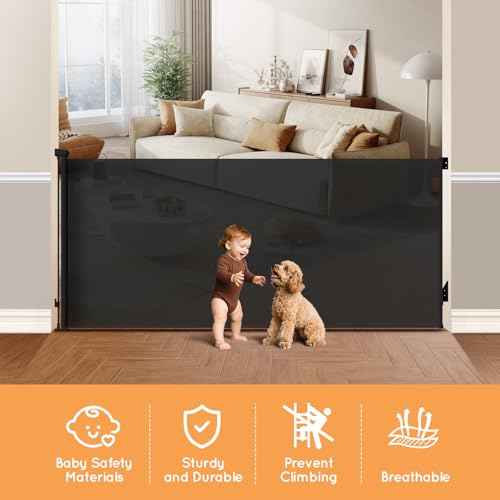 Retractable Baby Gate for Stairs, 55" Wide Mesh Pet Gate, Automatic Tension, One-Hand Operation, 38" Tall Baby Gates for Doorways, Hallways, Deck, Indoor Outdoor, Safe, Easy to Fit, Black