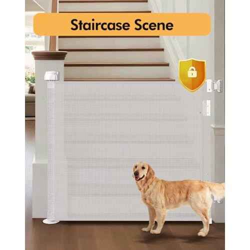 Retractable Baby Gate for Stairs & Doorways, 55" Wide x 33.6" Tall Easy Installation Mesh Dog Gate for Indoor & Outdoor Use,Pet and Dog Safety Gate for Hallways(White)